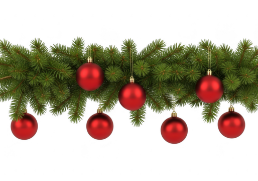 Christmas garland with red ornaments isolated on transparent background