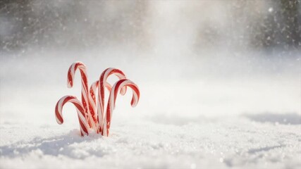 A cluster of candy canes nestled in snow, with a blurred, snowy background - Powered by Adobe