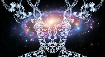 Mystical cosmic being with ethereal smoke antlers symbolizing universal consciousness and spiritual awakening against a galaxy