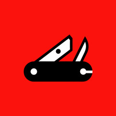 Minimalist swiss army knife icon on red background