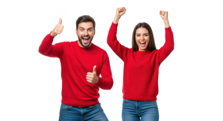 Excited couple celebrating success, isolated on transparent background