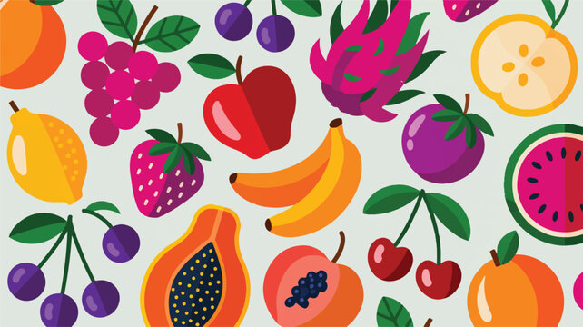 A vibrant and colorful illustration of various delicious fresh fruits arranged in a delightful and healthy food pattern, perfect for wellness and culinary themes