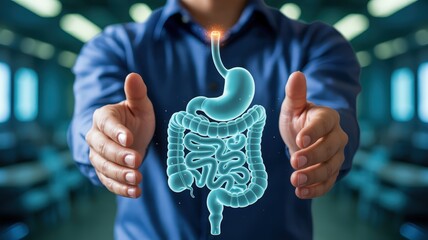 Professional presenting holographic representation of the human digestive system between outstretched hands