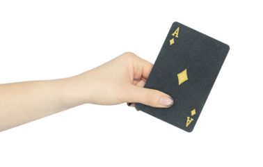 playing card diamonds ace in hand, outstretched hand with black playing card isolated from background