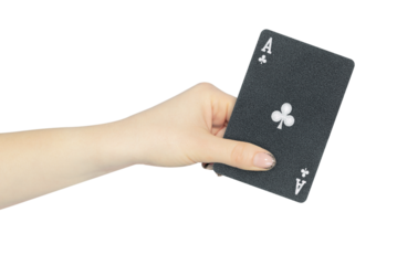 playing card clubs ace in hand, outstretched hand with black playing card isolated from background