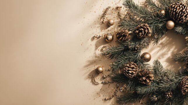 Close up of a rustic christmas wreath adorned with pine cones and golden baubles against a soft neutral background - Powered by Adobe