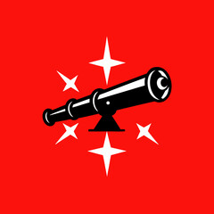 Telescope and stars icon on red background