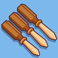 Three wooden handled chisels on a blue background