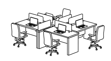 Modern office space featuring stylish workstations with laptops and ergonomic chairs, ideal for illustrating coworking or agile work environments in vector style