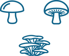 Mushroom Variety Icon Collection Outlined in Blue Featuring Agaricus bisporus Oyster and Unidentified Species Representing Fungi Diversity and Culinary Ingredients