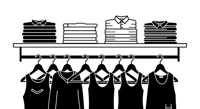 Organized wardrobe featuring stacked shirts and hanging clothes, a minimalist design, perfect for lifestyle blogs, fashion layouts, and closet organization guides
