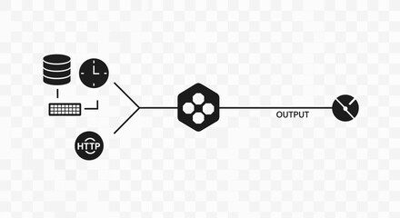 Streamlined data processing diagram showcasing input sources converging into centralized output, ideal for illustrating efficient data flow and system architecture