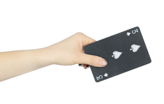 playing card spades 3 in hand, outstretched hand with black playing card isolated from background - Powered by Adobe