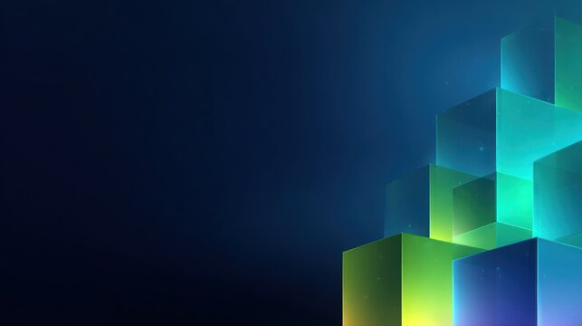 Glowing abstract cubes ascend against a dark blue background.