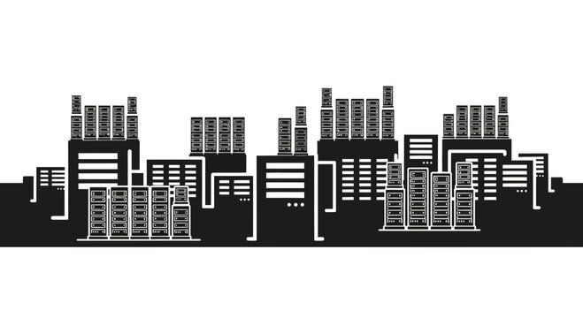 Modern data center architecture showcasing digital infrastructure and server farms, ideal for cloud computing and technology solutions, scalable vector graphic origin