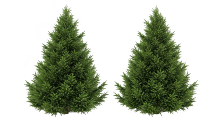 Two green christmas trees isolated on transparent background