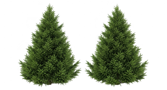 Two green christmas trees isolated on transparent background
