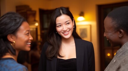 A diplomat attending a community cultural exchange event, warmly engaging with students, local leaders, and artists — soft-power diplomacy, grassroots international outreach, and cultural