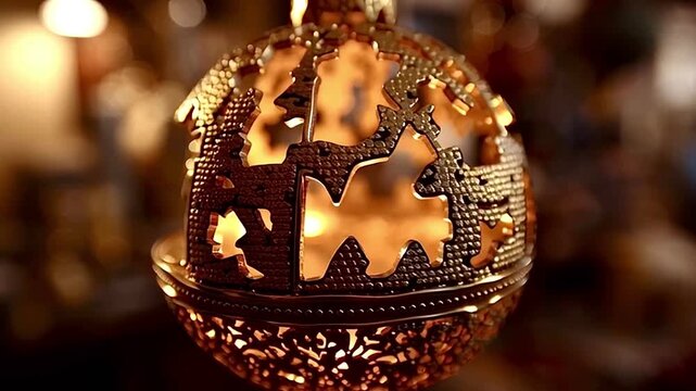 Golden christmas ornament rotating with nativity scene inside - Powered by Adobe