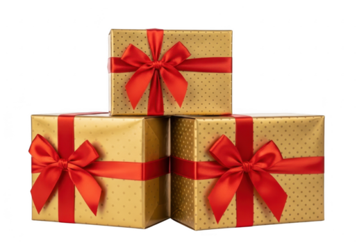 Three golden gift boxes with red ribbons, isolated on transparent background