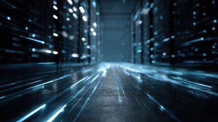 Abstract dark tunnel with bright blue light streaks moving fast