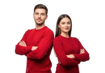 Man and woman in red sweaters posing together, isolated on transparent background