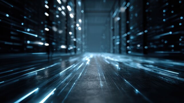 Abstract dark tunnel with bright blue light streaks moving fast