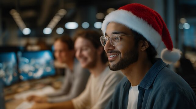 Team of designers creating a holiday marketing campaign surrounded by Christmas-themed visuals on computer screens — a creative behind-the-scenes moment showing innovation, teamwork, and seasonal
