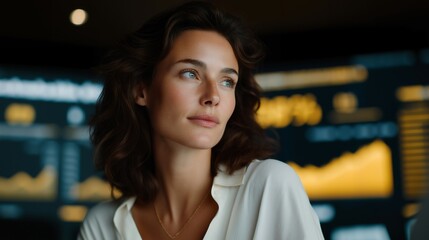 Wide shot of the lawyer gazing thoughtfully at a digital dashboard showing carbon impact data — visionary representation of how legal professionals drive sustainable corporate transformation.