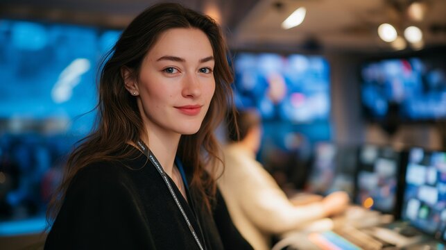 A young interpreter in a sleek booth translating for an international startup pitch competition, watching founders pitch on large LED panels — global entrepreneurship, real-time language support,