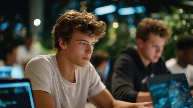 A buzzing innovation hub where entrepreneurs gather around holographic project boards, coding on laptops and debating strategy — a dynamic scene of startup culture, tech creativity, and