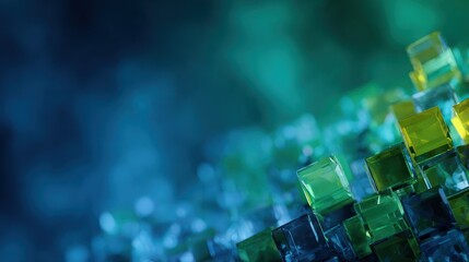 Abstract background of glowing translucent cubes in blue and green tones.