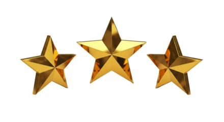 Three shimmering golden 3d stars representing excellence, premium quality, success, and top rating isolated on a transparent background, png