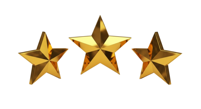 Three shimmering golden 3d stars representing excellence, premium quality, success, and top rating isolated on a transparent background, png