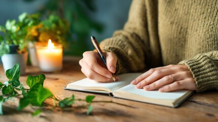 A female hand writing in a notebook with greenery and a candle nearby, creating a cozy and serene atmosphere.
