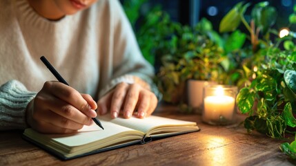 A female, Asian writer journaling by candlelight amidst lush greenery.