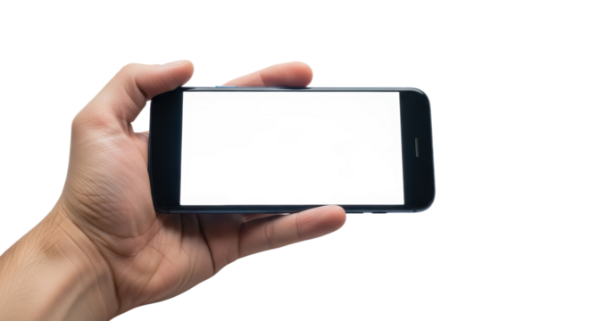 Hand holding smartphone with blank screen on transparent background