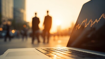 Laptop displaying stock chart with blurred business people at sunset.