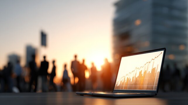 Laptop displays rising financial chart against blurred city sunset background.