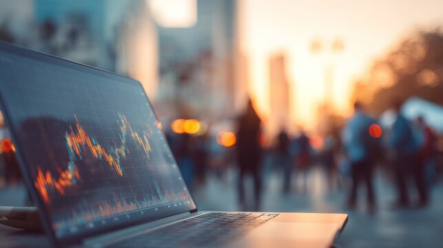 Laptop displays financial charts outdoors with blurred city background sunset.