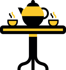 Steaming teapot and two cups on a yellow table vector