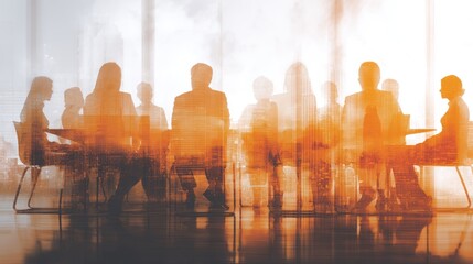 Silhouettes of business people overlaid with city skyscraper reflections