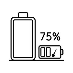 Illustration of a black battery with 75% charge isolated on, indicating power level