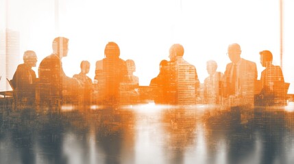 Business meeting silhouettes double exposed with city buildings abstractly