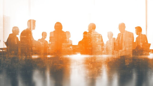 Business meeting silhouettes double exposed with city buildings abstractly