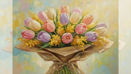 A painted bouquet of colorful tulips and mimosa flowers wrapped in brown paper symbolizing spring renewal and celebration for Women's Day in impressionist oil art style