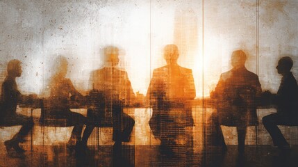 Silhouettes of business people meeting with city overlay and grunge texture.