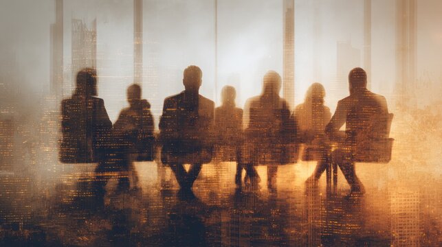 Silhouettes of people against a bright city double exposure.