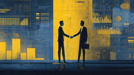 Two businessmen shake hands against a digital data background.
