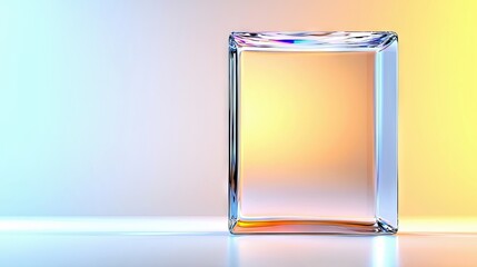 A transparent glass cube with rounded edges sits on a reflective surface, catching and refracting light in a spectrum of colors against a soft gradient backgrou